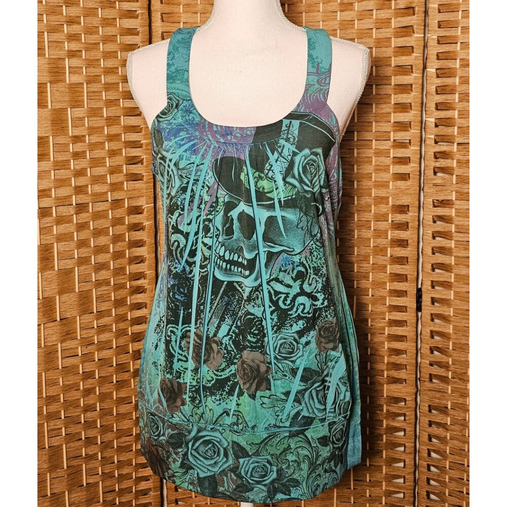 L8ter Floral Skull Tank Top Large NWT